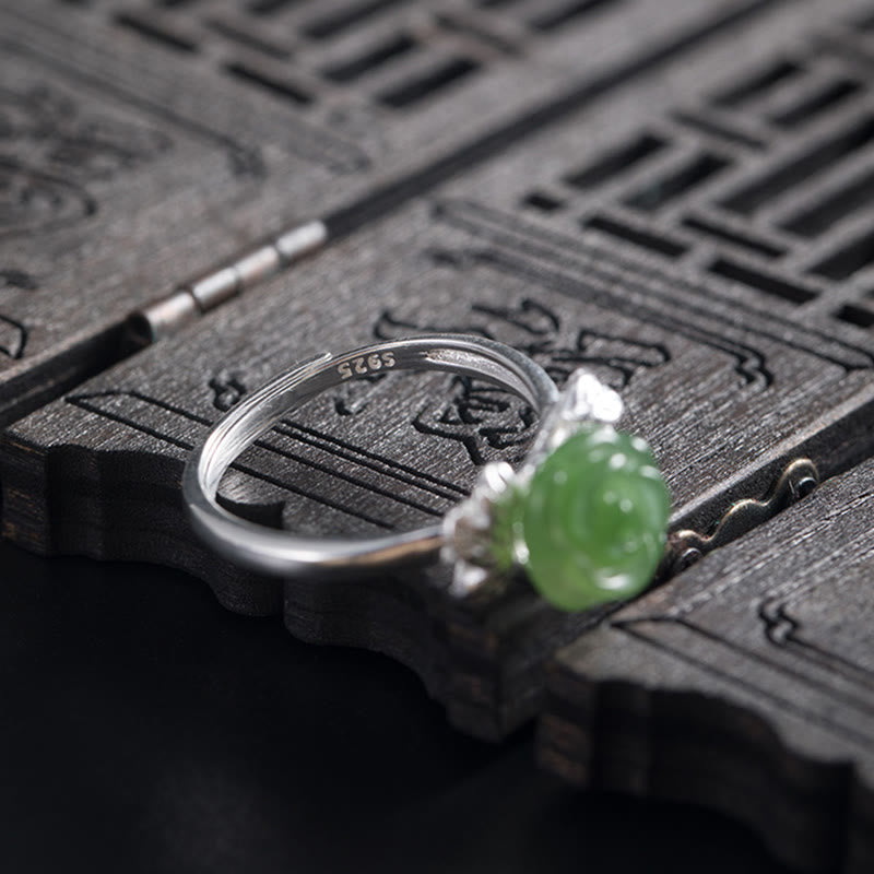 Anello regolabile Buddha Stones 925 Sterling Silver Jade Green Rose Luck