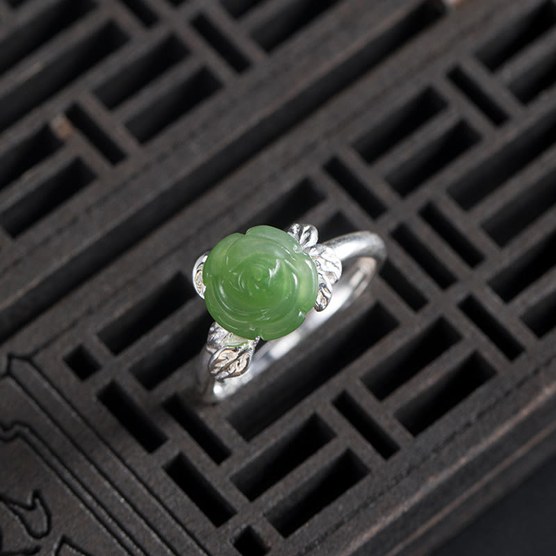 Anello regolabile Buddha Stones 925 Sterling Silver Jade Green Rose Luck