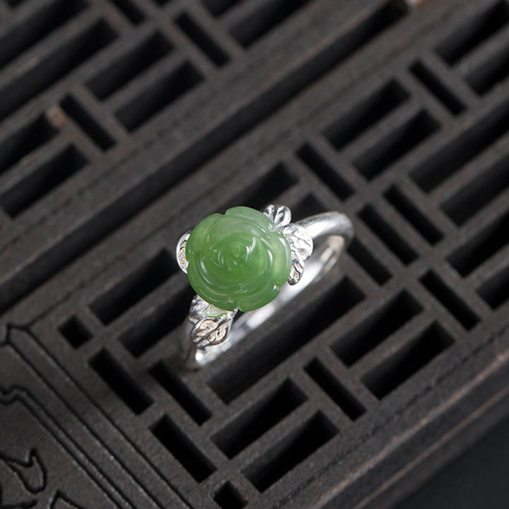 Anello regolabile Buddha Stones 925 Sterling Silver Jade Green Rose Luck