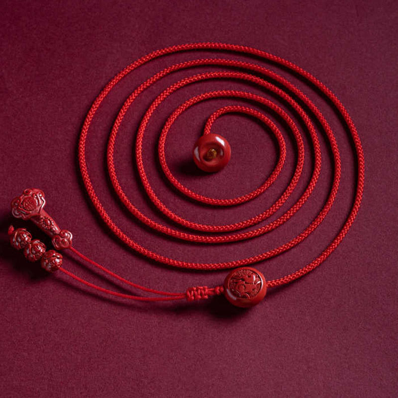 Buddha Stones Cinabro naturale Zodiaco cinese Manico Ruyi Carattere Fu Loto Benedizione Catena per la pancia con corda rossa