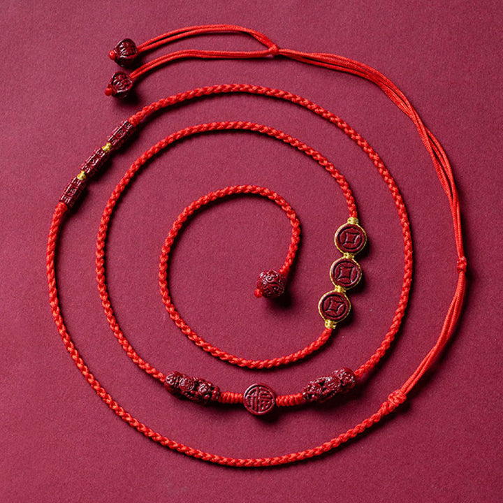 Buddha Stones Cinabro naturale PiXiu Calma Benedizione Catena per la pancia con corda rossa