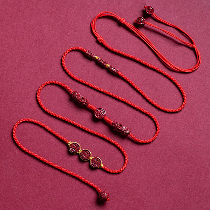 Buddha Stones Cinabro naturale PiXiu Calma Benedizione Catena per la pancia con corda rossa