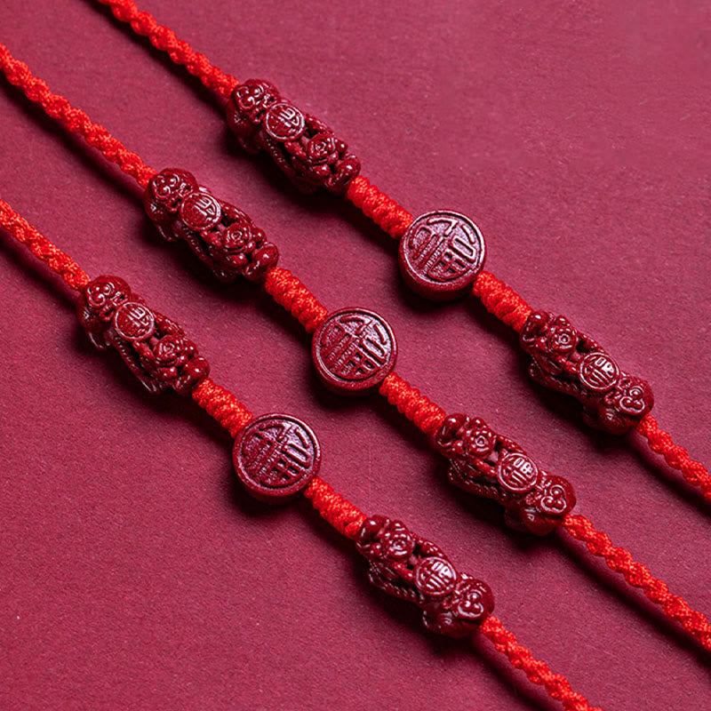Buddha Stones Cinabro naturale PiXiu Calma Benedizione Catena per la pancia con corda rossa