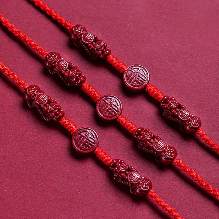 Buddha Stones Cinabro naturale PiXiu Calma Benedizione Catena per la pancia con corda rossa