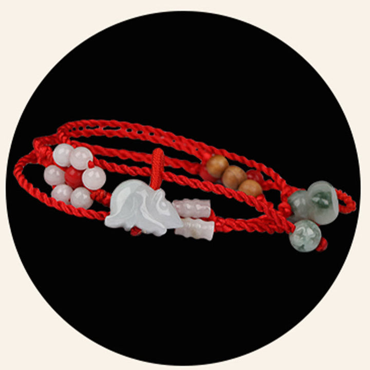 Buddha Stones Zodiaco cinese Legno di pesca Benedizione Catena per la pancia con corda rossa