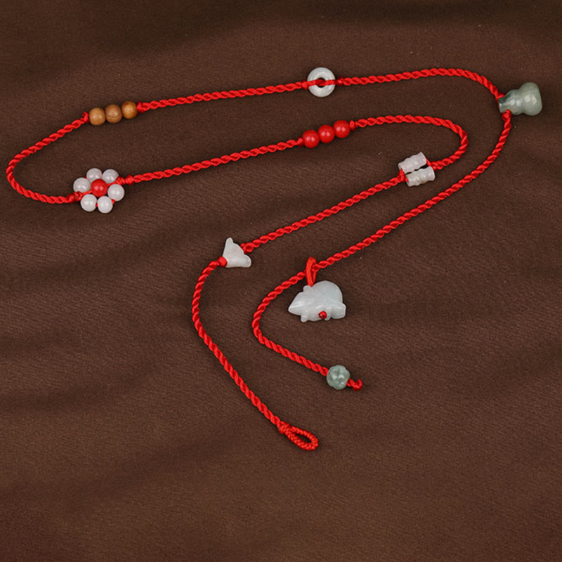 Buddha Stones Zodiaco cinese Legno di pesca Benedizione Catena per la pancia con corda rossa