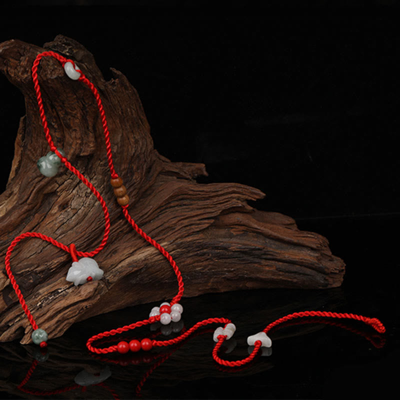 Buddha Stones Zodiaco cinese Legno di pesca Benedizione Catena per la pancia con corda rossa