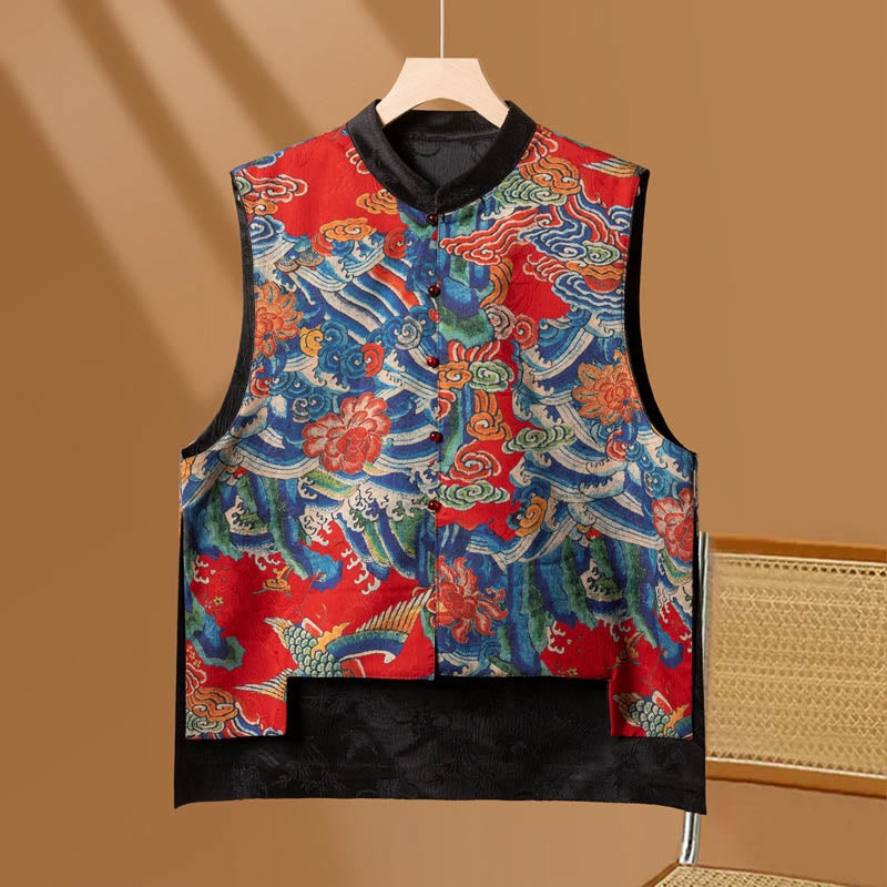 Buddha Stones Vintage Ricamo Fiore Nuvola Modello Gilet - Rosso - US16, UK/AU20, EU48 (5XL) - image 0
