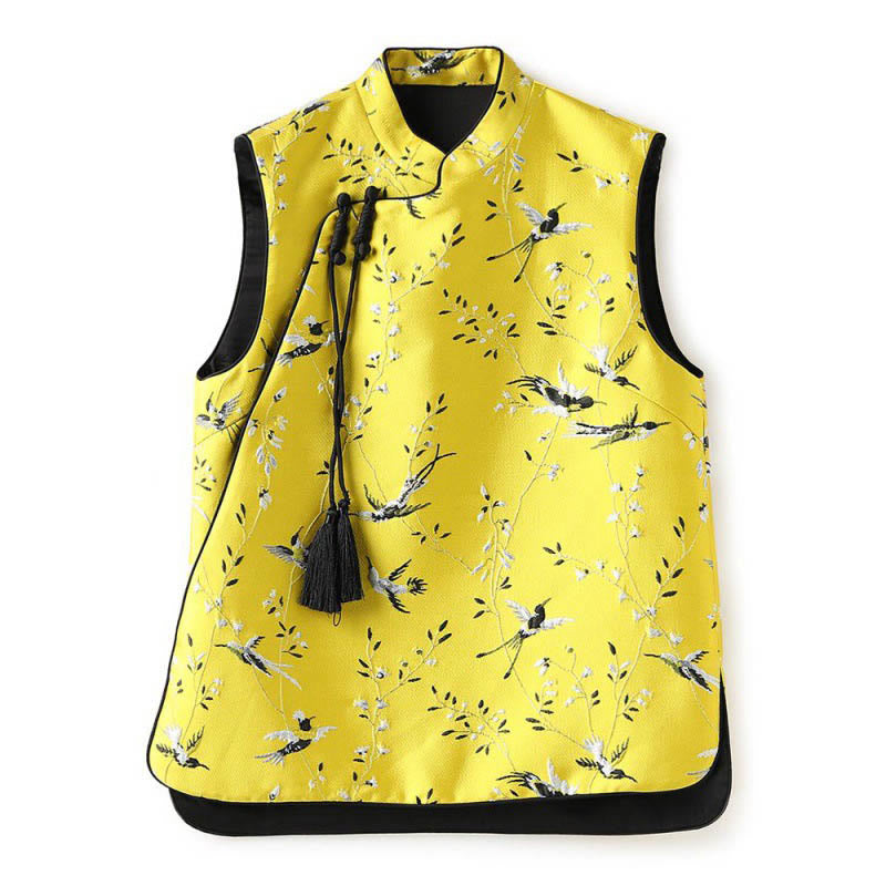 Buddha Stones Vintage Ricamo Gru Piante Modello Nodo Bottone Gilet - image 10