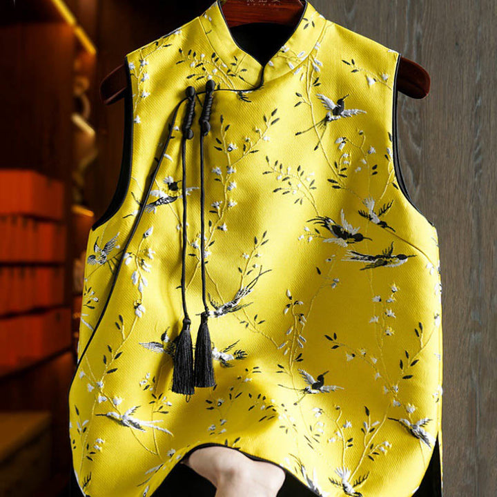 Buddha Stones Vintage Ricamo Gru Piante Modello Nodo Bottone Gilet - Giallo - US12, UK/AU16, EU44 (3XL) - image 0