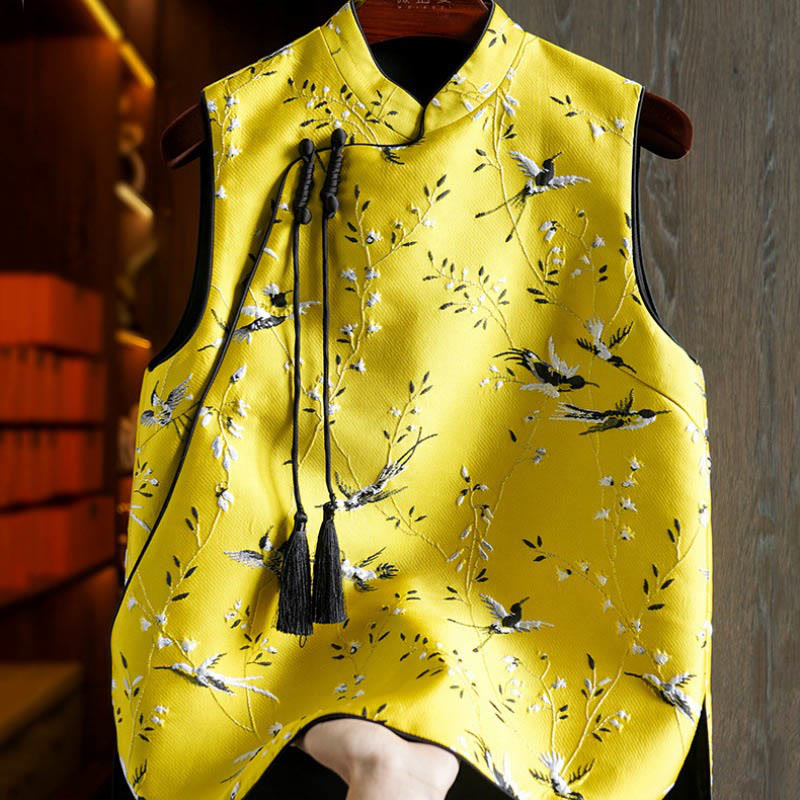 Buddha Stones Vintage Ricamo Gru Piante Modello Nodo Bottone Gilet - Giallo - US12, UK/AU16, EU44 (3XL) - image 0