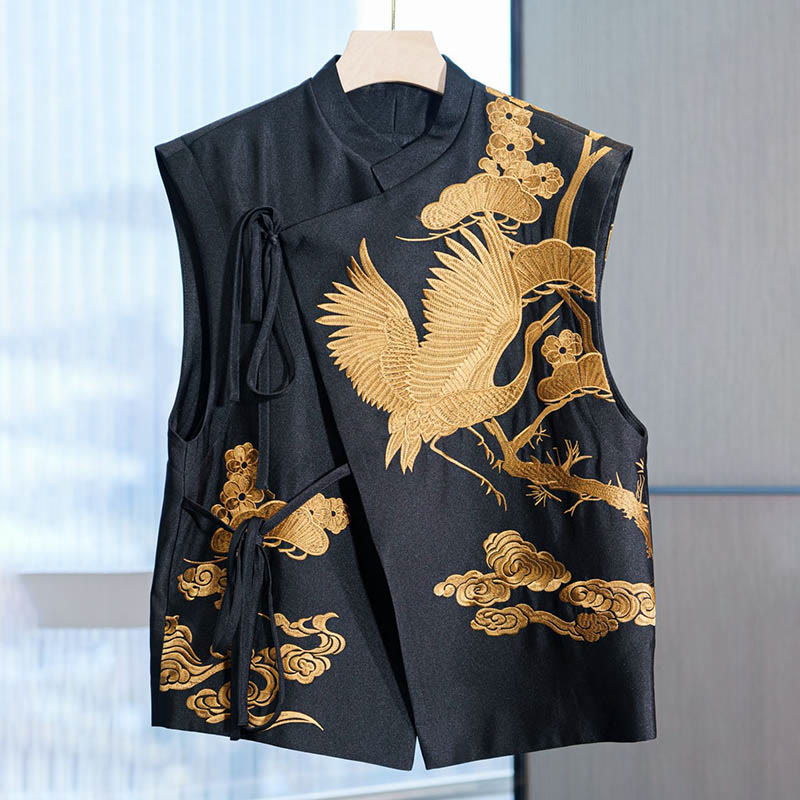 Buddha Stones Vintage Ricamo Gru Dorata Modello Nuvola Gilet - D'oro - US12, UK/AU16, EU44 (3XL) - image 0
