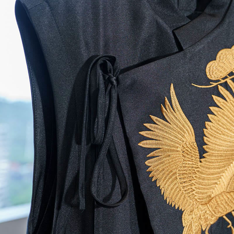 Buddha Stones Vintage Ricamo Gru Dorata Modello Nuvola Gilet - image 1