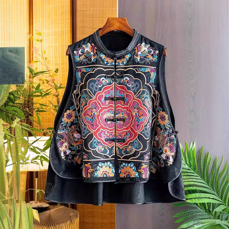 Buddha Stones Vintage Ricamo Colorato Nuvola Fiore Modello Gilet - Nero - US12, UK/AU16, EU44 (3XL) - image 0