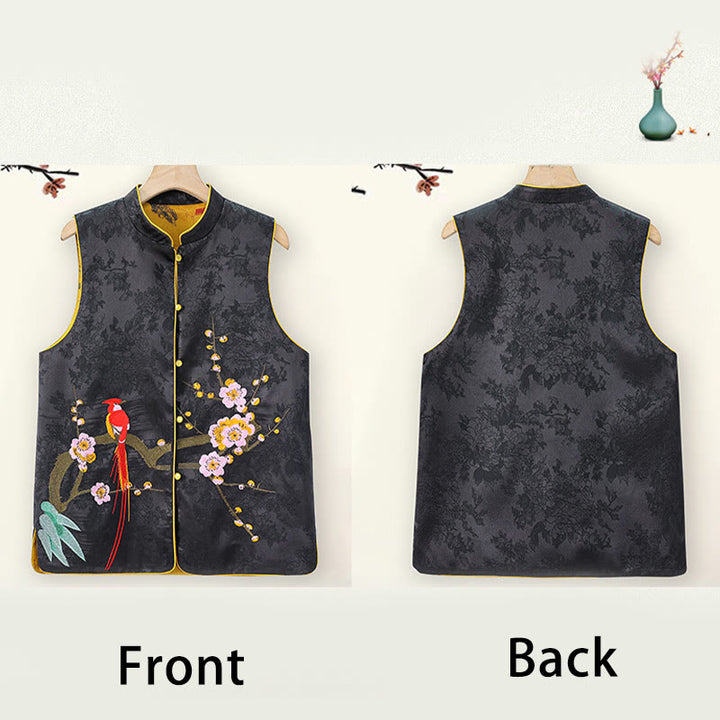 Gilet da indossare su entrambi i lati con motivo a fiori di prugna e ricamo vintage Buddha Stones - image 11