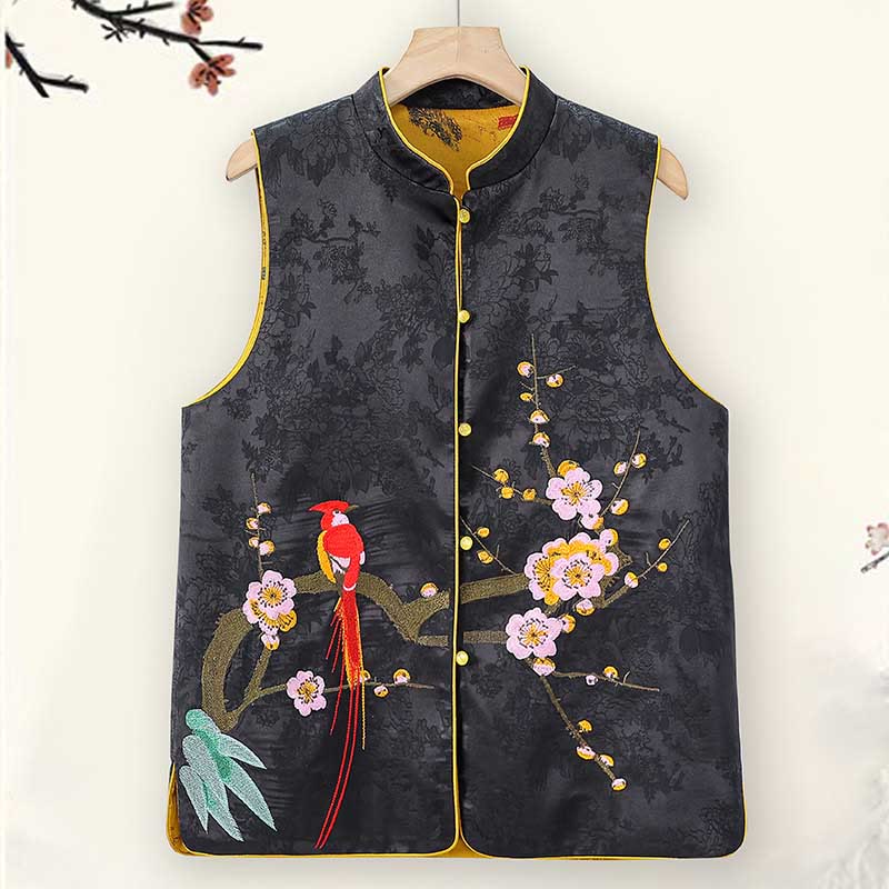 Gilet da indossare su entrambi i lati con motivo a fiori di prugna e ricamo vintage Buddha Stones - Nero - US16, UK/AU20, EU48 (5XL) - image 0