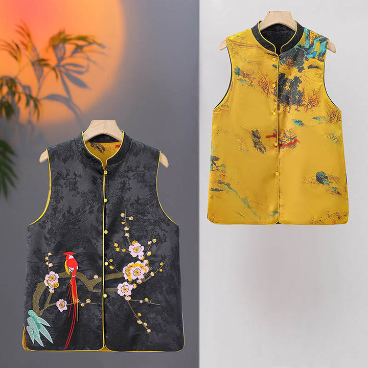 Gilet da indossare su entrambi i lati con motivo a fiori di prugna e ricamo vintage Buddha Stones - image 10