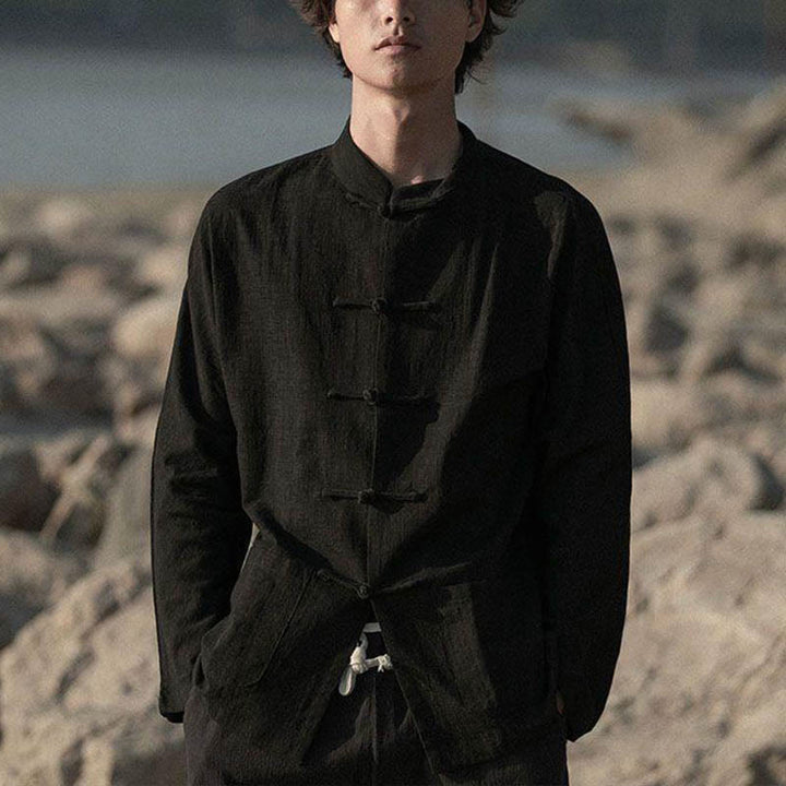 Camicia casual in cotone e lino con colletto alto Buddha Stones - image 12