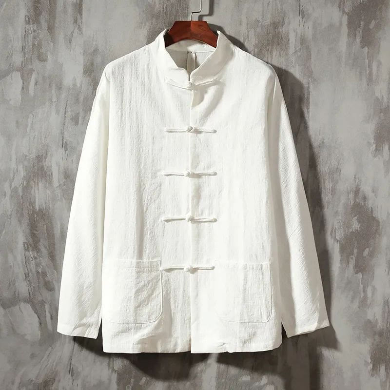 Camicia casual in cotone e lino con colletto alto Buddha Stones - Bianco - US/UK/AU46, EU56 (5XL) - image 7