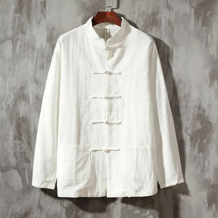 Camicia casual in cotone e lino con colletto alto Buddha Stones - Bianco - US/UK/AU46, EU56 (5XL) - image 7