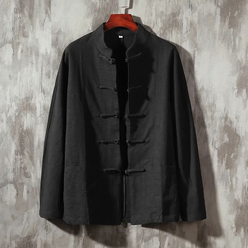 Camicia casual in cotone e lino con colletto alto Buddha Stones - Nero - US/UK/AU46, EU56 (5XL) - image 10
