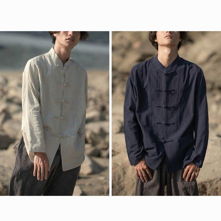 Camicia casual in cotone e lino con colletto alto Buddha Stones - image 18