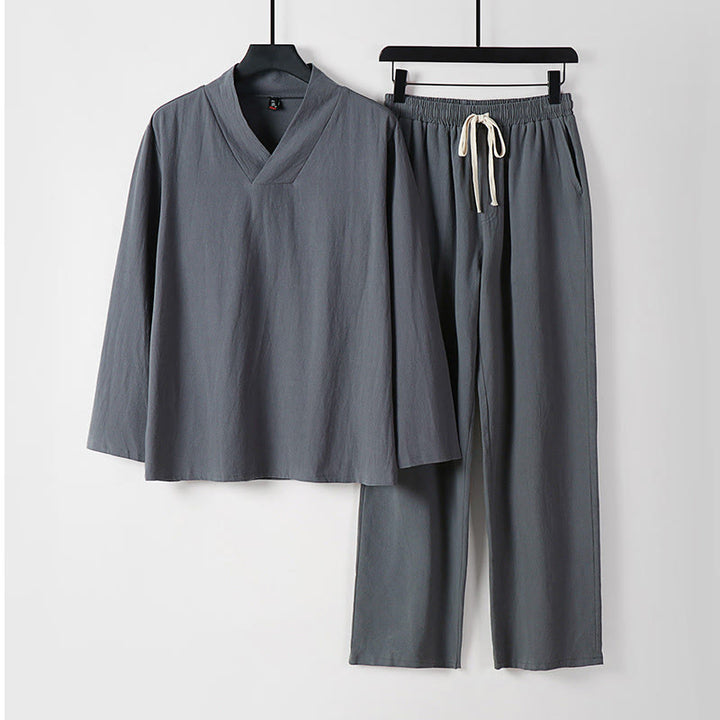 Set di abbigliamento da uomo con pantaloni e top in cotone con colletto incrociato Buddha Stones - Grigio - US/UK/AU54, EU64 (9XL) - image 0