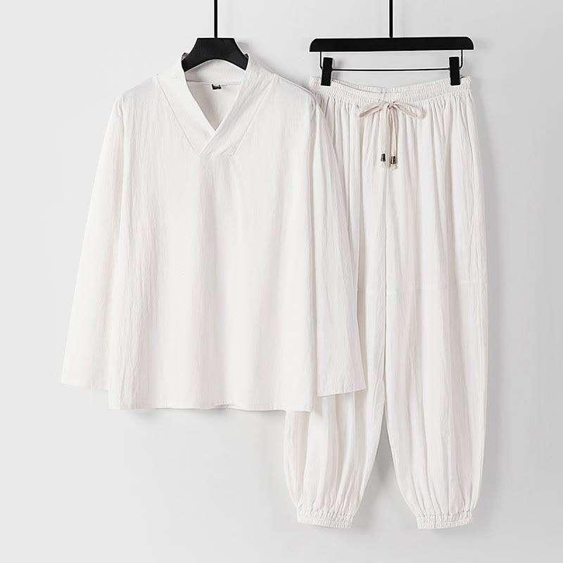 Pantaloni corti con colletto incrociato Buddha Stones , abito in cotone, top e pantaloni Hanfu, set da uomo - Bianco - US/UK/AU54, EU64 (9XL) - image 16