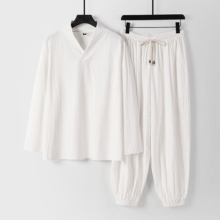 Pantaloni corti con colletto incrociato Buddha Stones , abito in cotone, top e pantaloni Hanfu, set da uomo - Bianco - US/UK/AU54, EU64 (9XL) - image 16