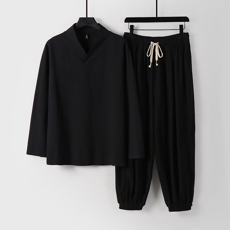 Pantaloni corti con colletto incrociato Buddha Stones , abito in cotone, top e pantaloni Hanfu, set da uomo - Nero - US/UK/AU54, EU64 (9XL) - image 9