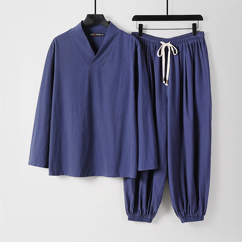 Pantaloni corti con colletto incrociato Buddha Stones , abito in cotone, top e pantaloni Hanfu, set da uomo - Blu ardesia scuro - US/UK/AU54, EU64 (9XL) - image 19