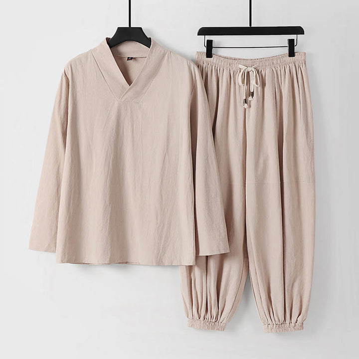 Pantaloni corti con colletto incrociato Buddha Stones , abito in cotone, top e pantaloni Hanfu, set da uomo - Biscotto - US/UK/AU54, EU64 (9XL) - image 0