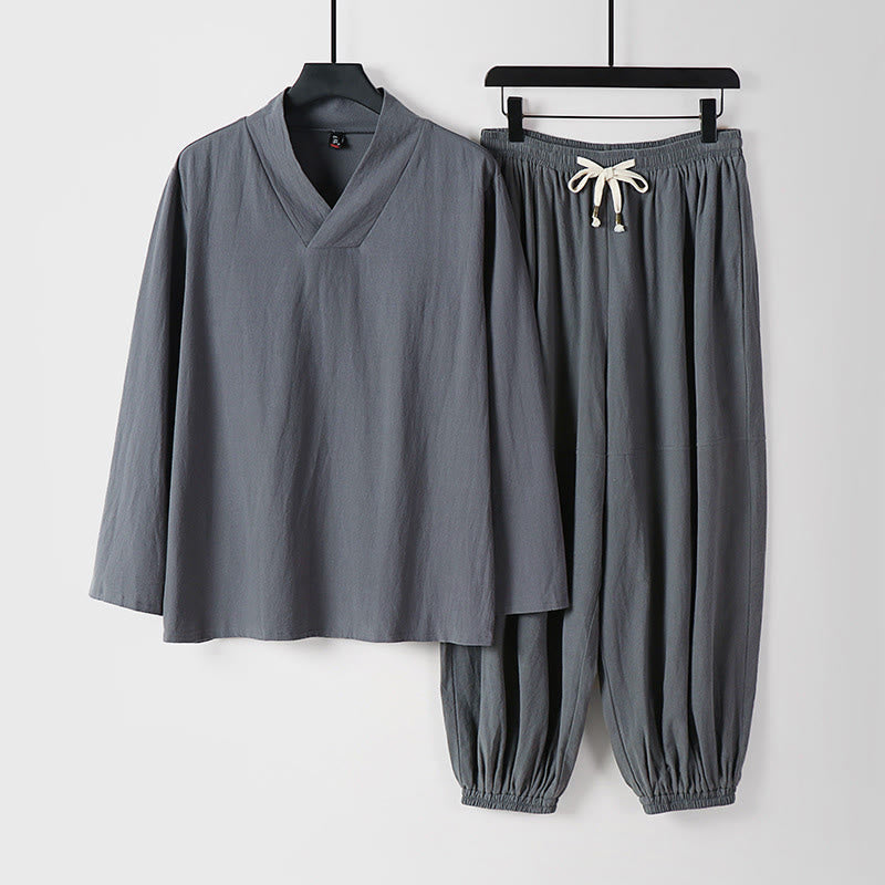 Pantaloni corti con colletto incrociato Buddha Stones , abito in cotone, top e pantaloni Hanfu, set da uomo - Grigio - US/UK/AU54, EU64 (9XL) - image 23