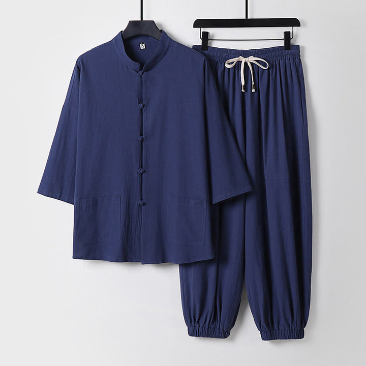 Buddha Stones Maniche a tre quarti Pantaloni corti in cotone Top e pantaloni Set da uomo