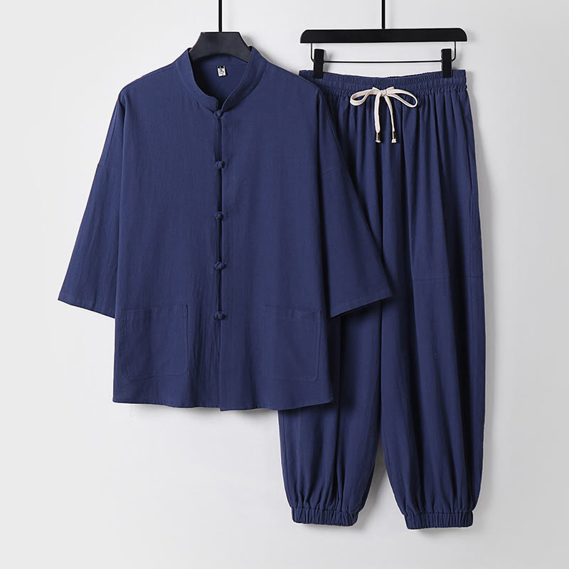 Buddha Stones Maniche a tre quarti Pantaloni corti in cotone Top e pantaloni Set da uomo - DarkSlateBlue - US/UK/AU50, EU60 (7XL) - image 9