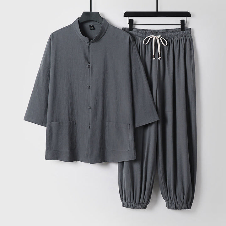 Buddha Stones Maniche a tre quarti Pantaloni corti in cotone Top e pantaloni Set da uomo - Grigio - US/UK/AU50, EU60 (7XL) - image 0