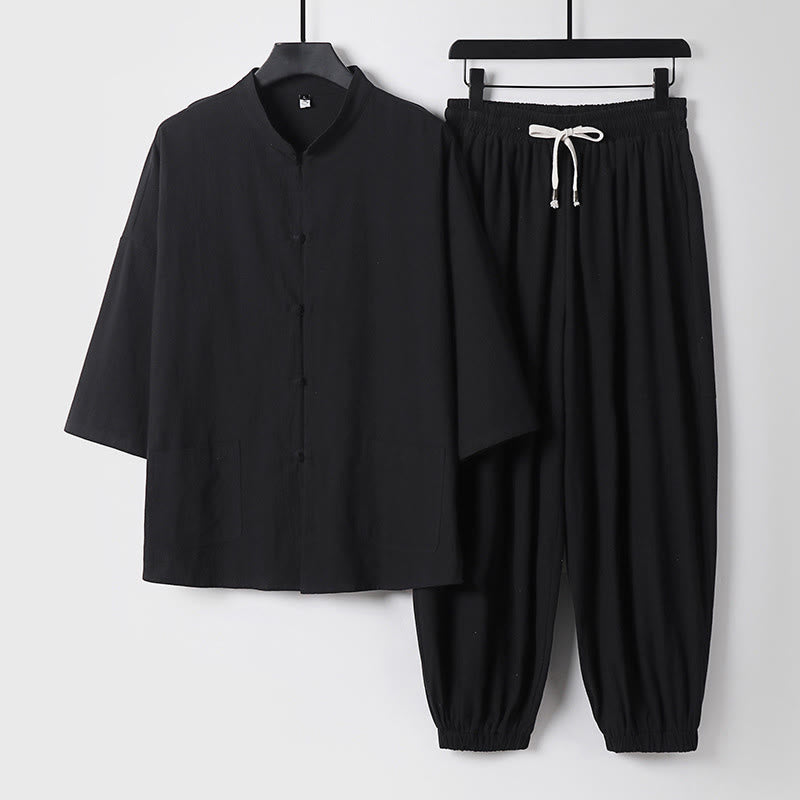 Buddha Stones Maniche a tre quarti Pantaloni corti in cotone Top e pantaloni Set da uomo - Nero - US/UK/AU50, EU60 (7XL) - image 4