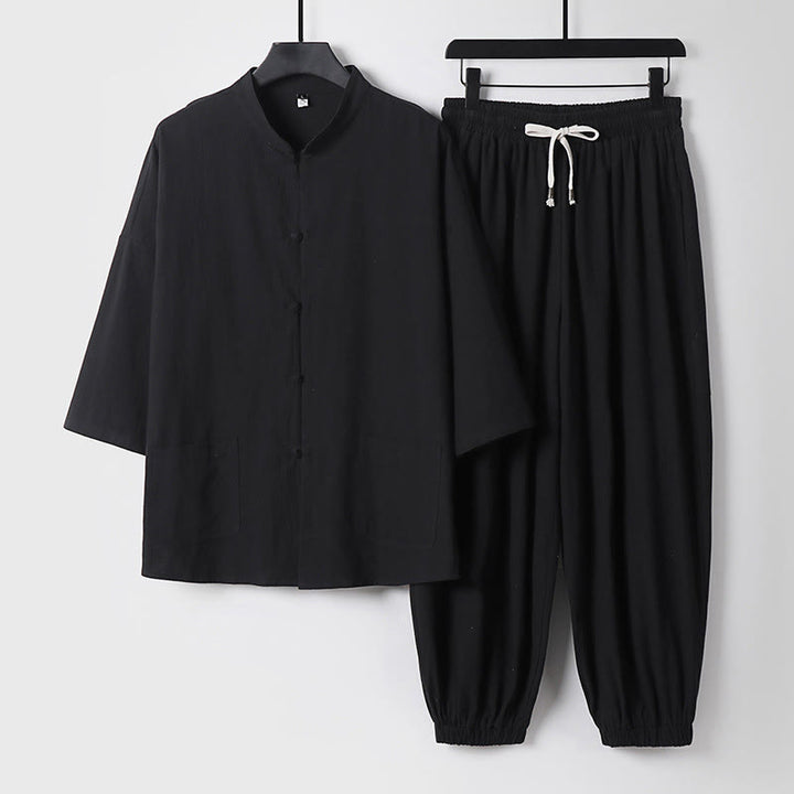 Buddha Stones Maniche a tre quarti Pantaloni corti in cotone Top e pantaloni Set da uomo - Nero - US/UK/AU50, EU60 (7XL) - image 4