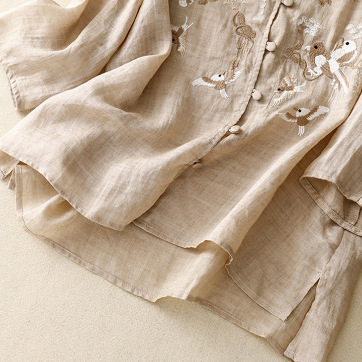 Camicetta casual con scollo rotondo Buddha Stones, ricamo, manica lunga, in cotone e lino, camicette da donna - image 12