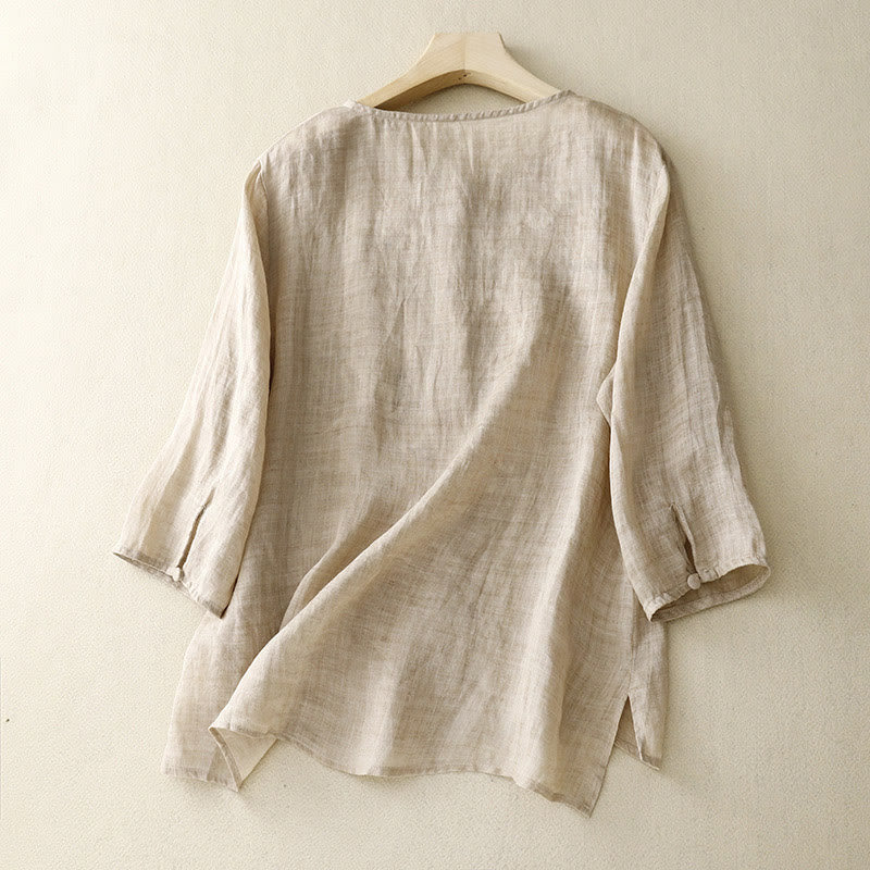 Camicetta casual con scollo rotondo Buddha Stones, ricamo, manica lunga, in cotone e lino, camicette da donna - image 7