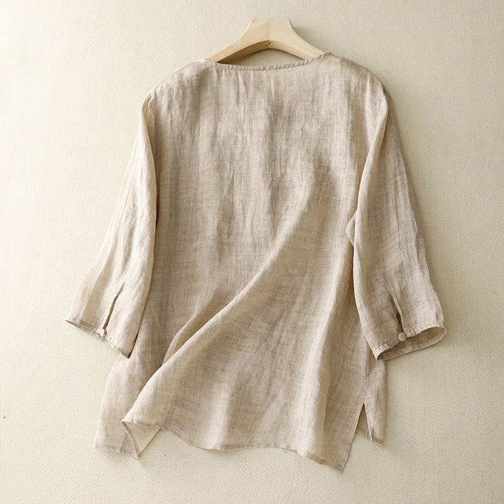 Camicetta casual con scollo rotondo Buddha Stones, ricamo, manica lunga, in cotone e lino, camicette da donna - image 7