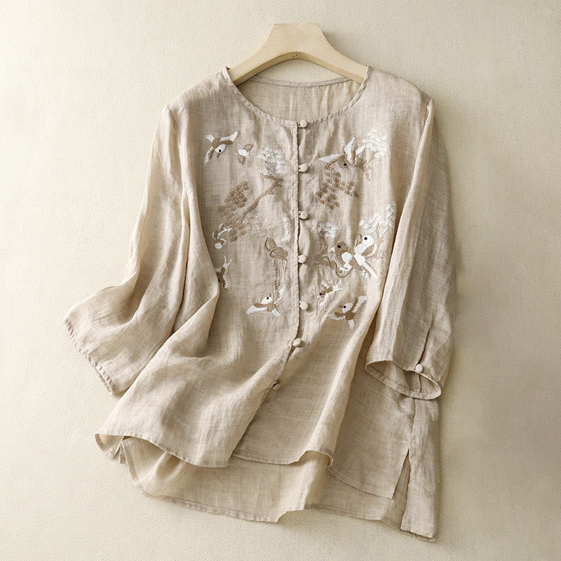 Camicetta casual con scollo rotondo Buddha Stones, ricamo, manica lunga, in cotone e lino, camicette da donna - Abbronzatura - US/UK/AU40, EU50 (2XL) - image 6