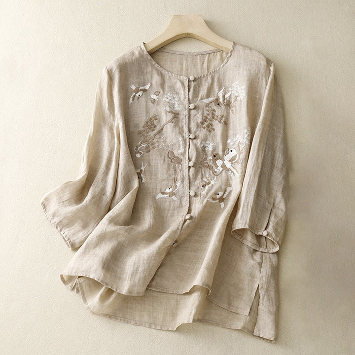 Camicetta casual con scollo rotondo Buddha Stones, ricamo, manica lunga, in cotone e lino, camicette da donna - Abbronzatura - US/UK/AU40, EU50 (2XL) - image 6