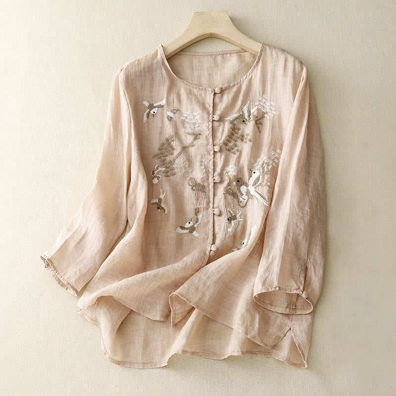 Camicetta casual con scollo rotondo Buddha Stones, ricamo, manica lunga, in cotone e lino, camicette da donna - Mocassino - US/UK/AU40, EU50 (2XL) - image 0