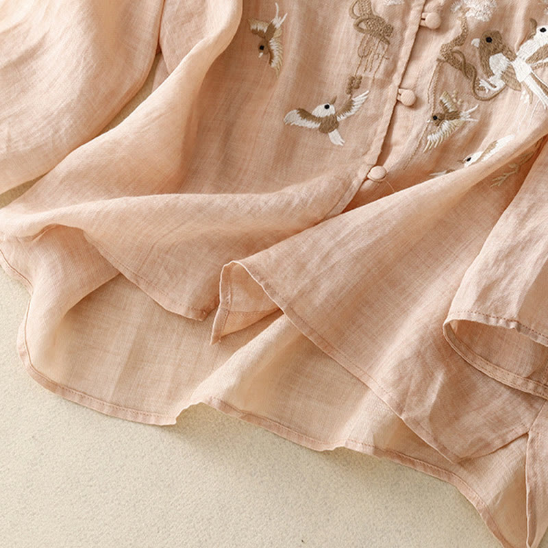 Camicetta casual con scollo rotondo Buddha Stones, ricamo, manica lunga, in cotone e lino, camicette da donna - image 3