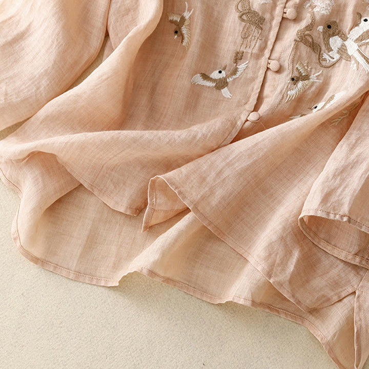 Camicetta casual con scollo rotondo Buddha Stones, ricamo, manica lunga, in cotone e lino, camicette da donna - image 3