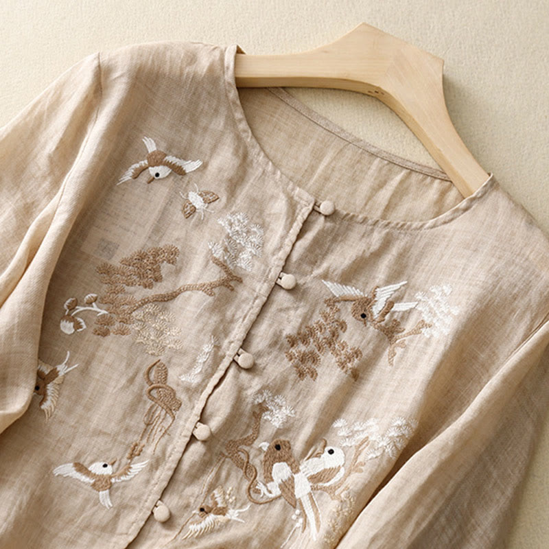 Camicetta casual con scollo rotondo Buddha Stones, ricamo, manica lunga, in cotone e lino, camicette da donna - image 8