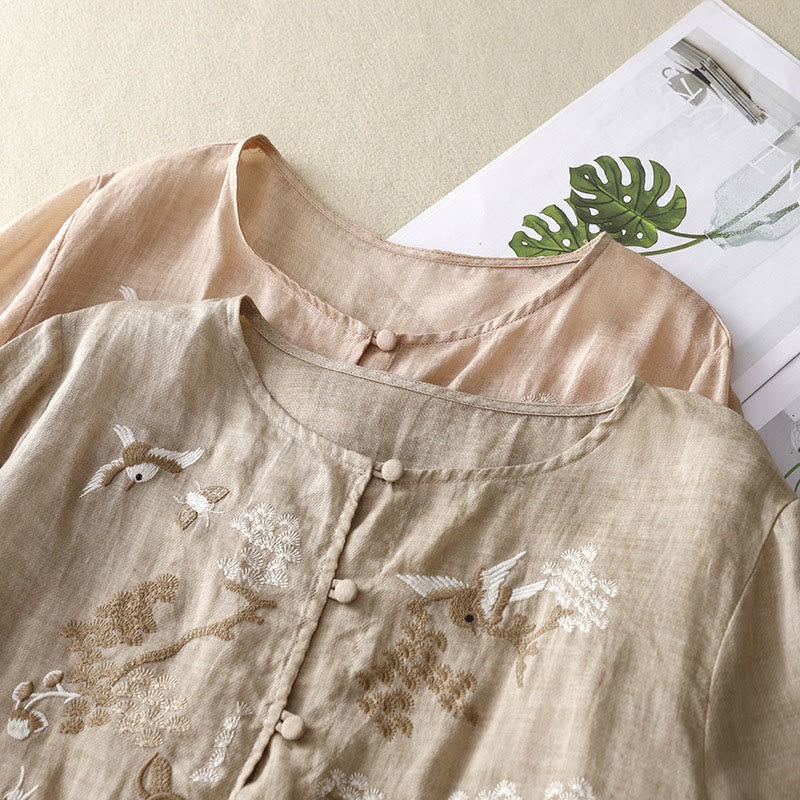 Camicetta casual con scollo rotondo Buddha Stones, ricamo, manica lunga, in cotone e lino, camicette da donna - image 17