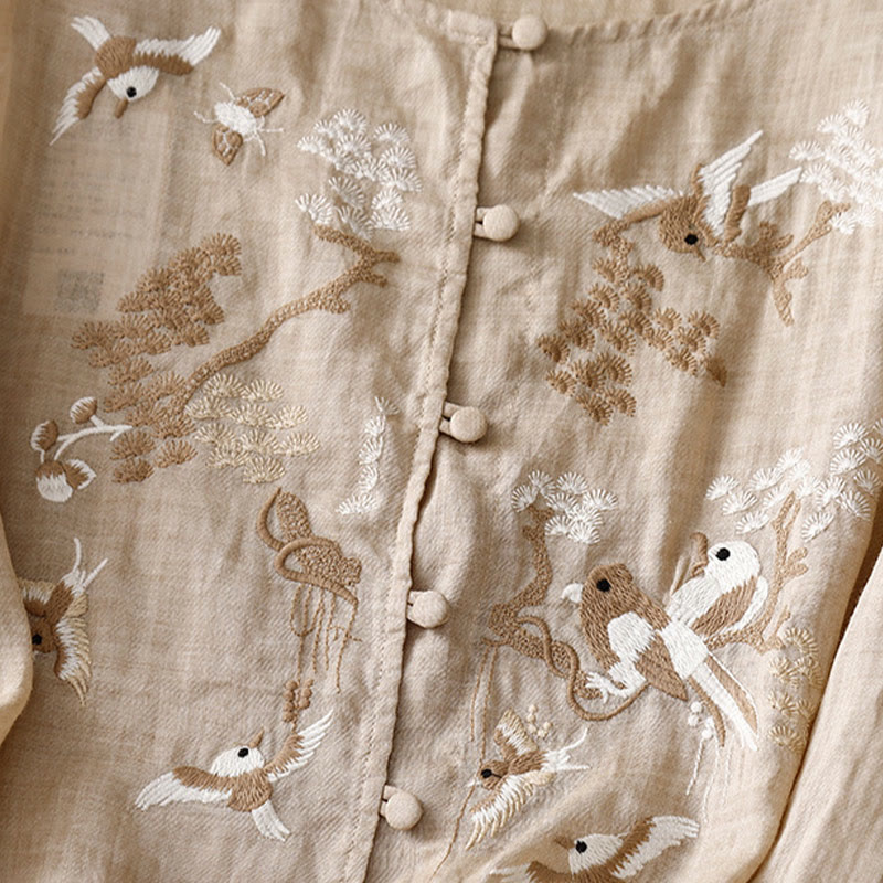 Camicetta casual con scollo rotondo Buddha Stones, ricamo, manica lunga, in cotone e lino, camicette da donna - image 9