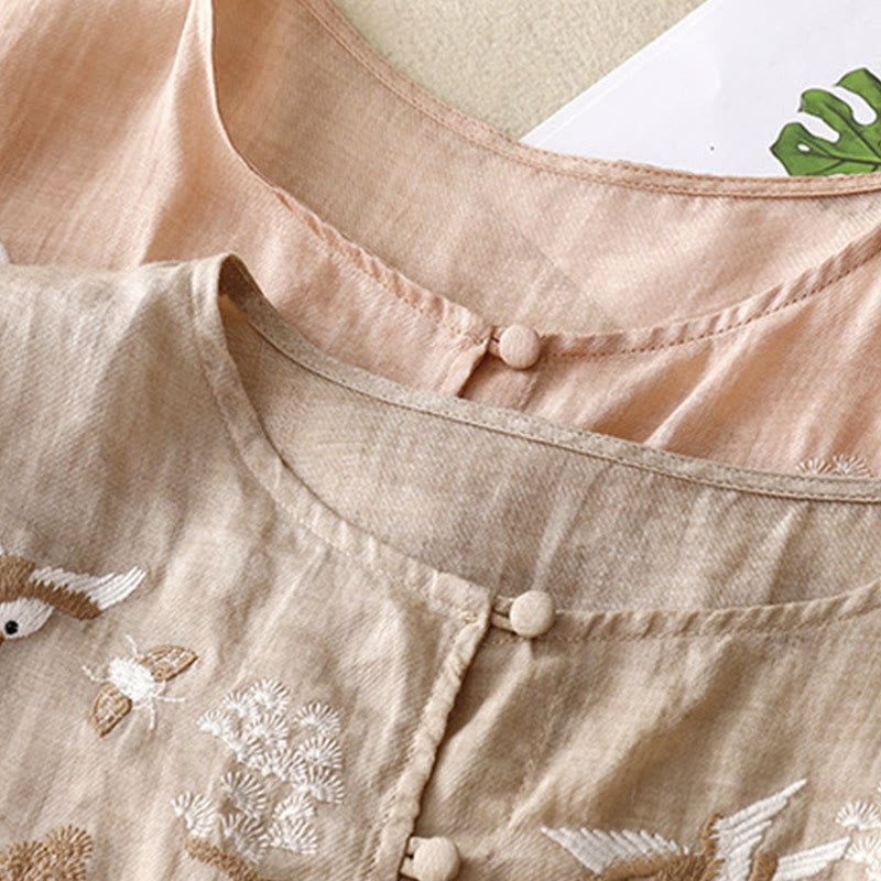 Camicetta casual con scollo rotondo Buddha Stones, ricamo, manica lunga, in cotone e lino, camicette da donna - image 16